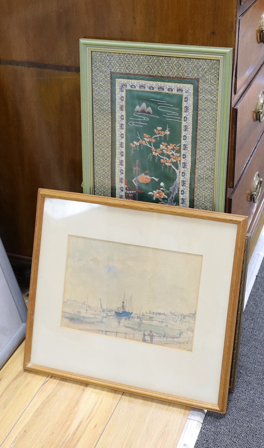 R.A.(?), oil on canvas, ‘Looe’, signed and dated 1892, 26 x 33cm, together with a watercolour harbour scene, signed and dated, and a Japanese silk-work pattern (3)